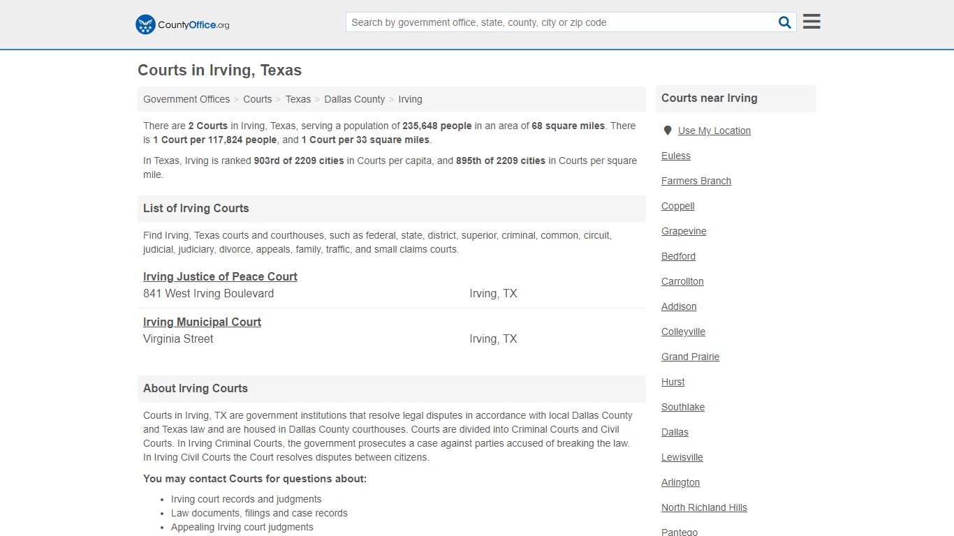 Courts - Irving, TX (Court Records & Calendars) - County Office